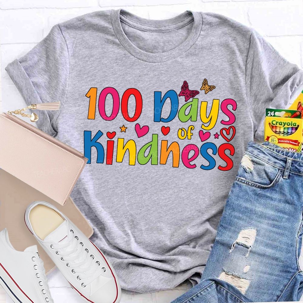 100 Days Of Kindness Colorful Hearts And Fonts T-shirt