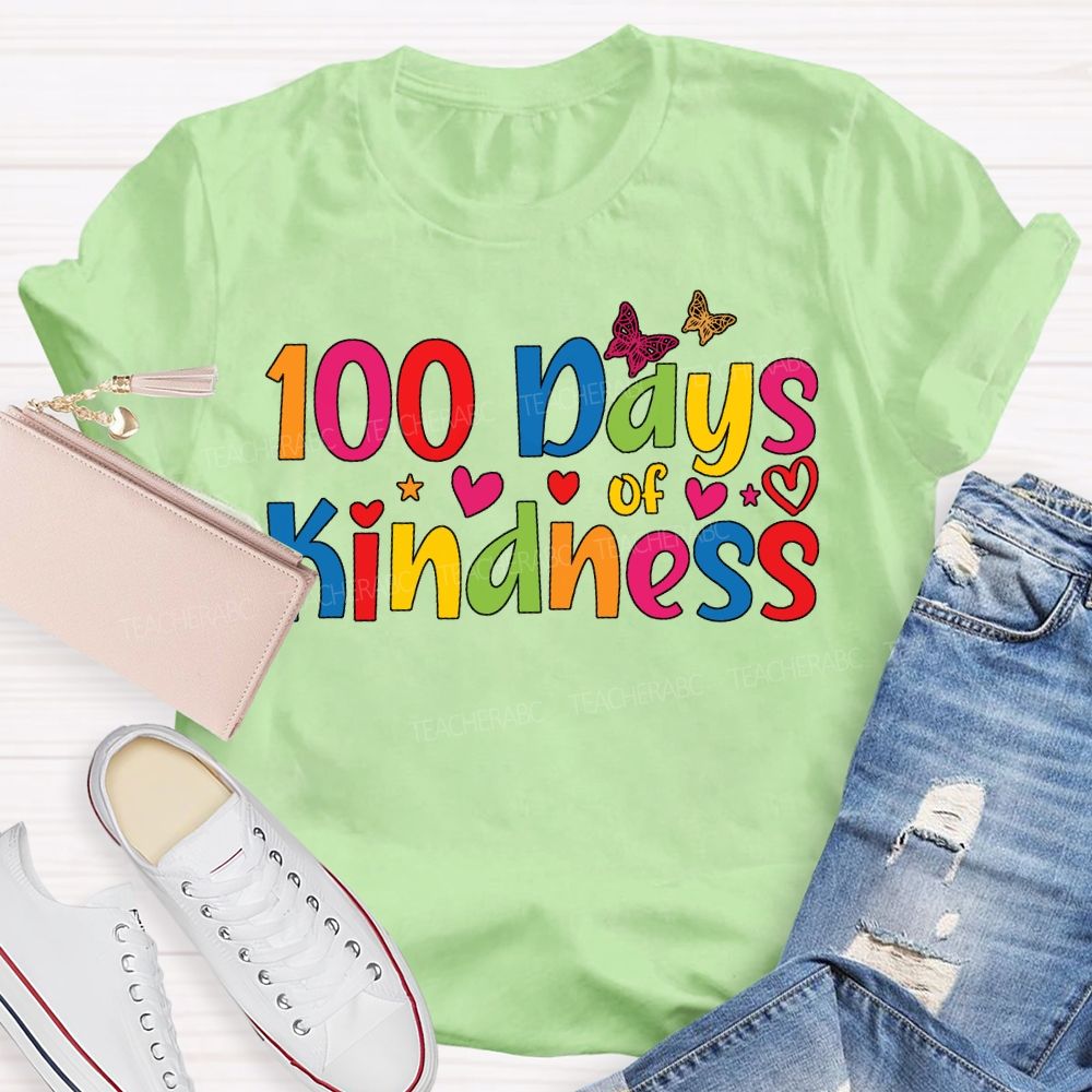 100 Days Of Kindness Colorful Hearts And Fonts T-shirt