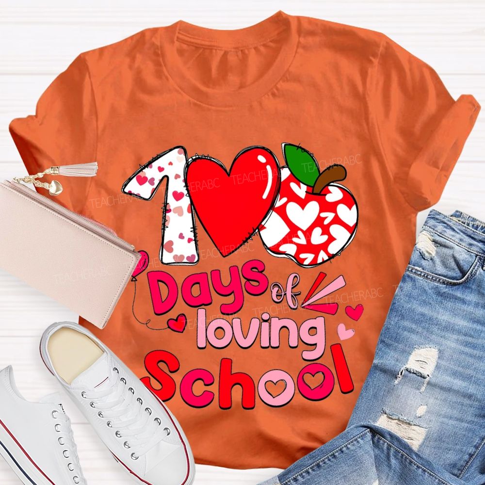 100 Days Of Loving School Heart And Apple Prints T-shirt