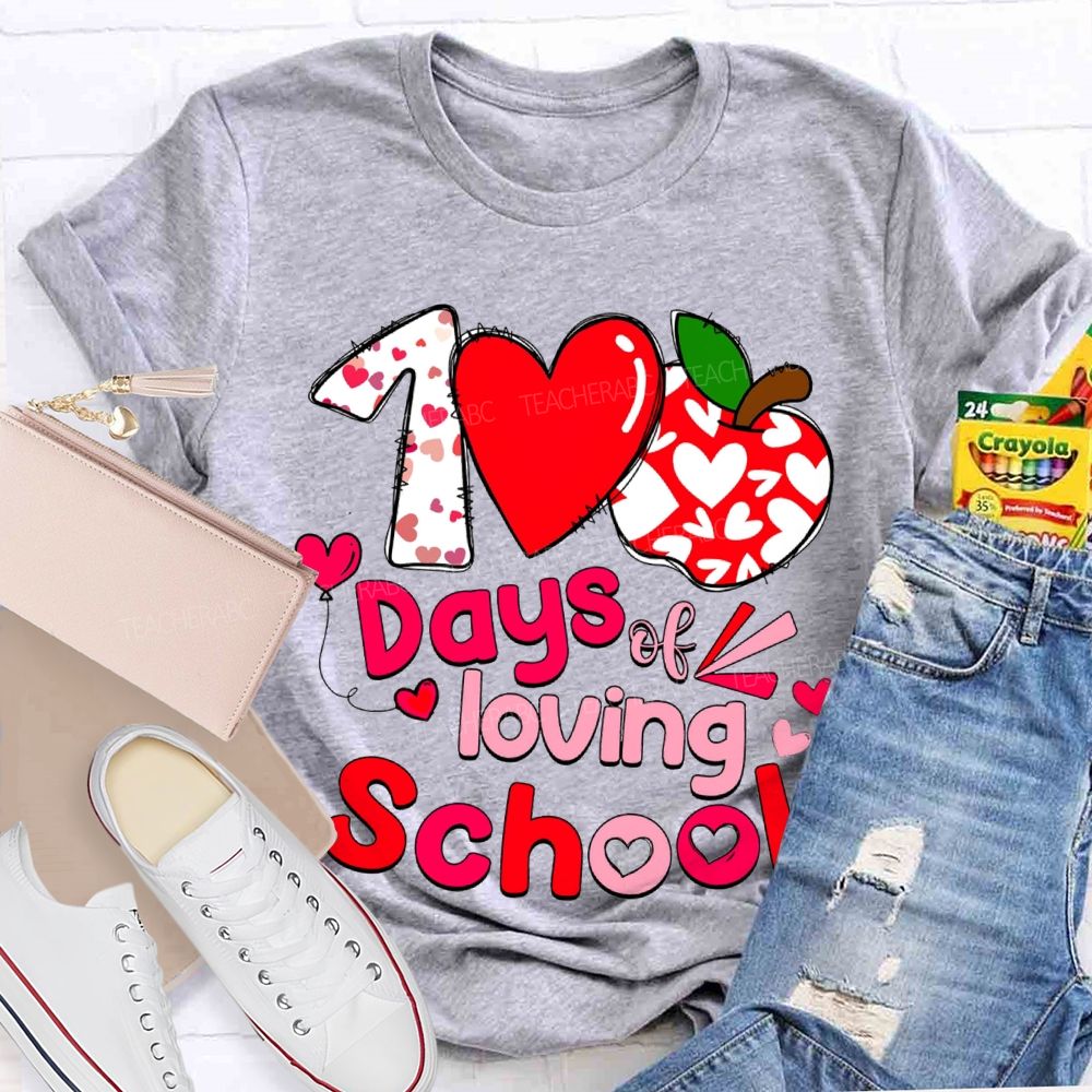 100 Days Of Loving School Heart And Apple Prints T-shirt