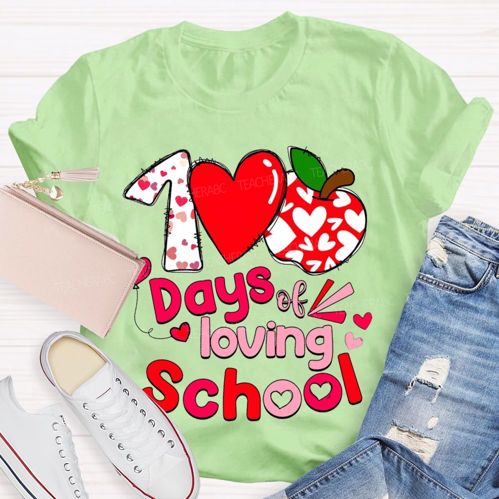100 Days Of Loving School Heart And Apple Prints T-shirt