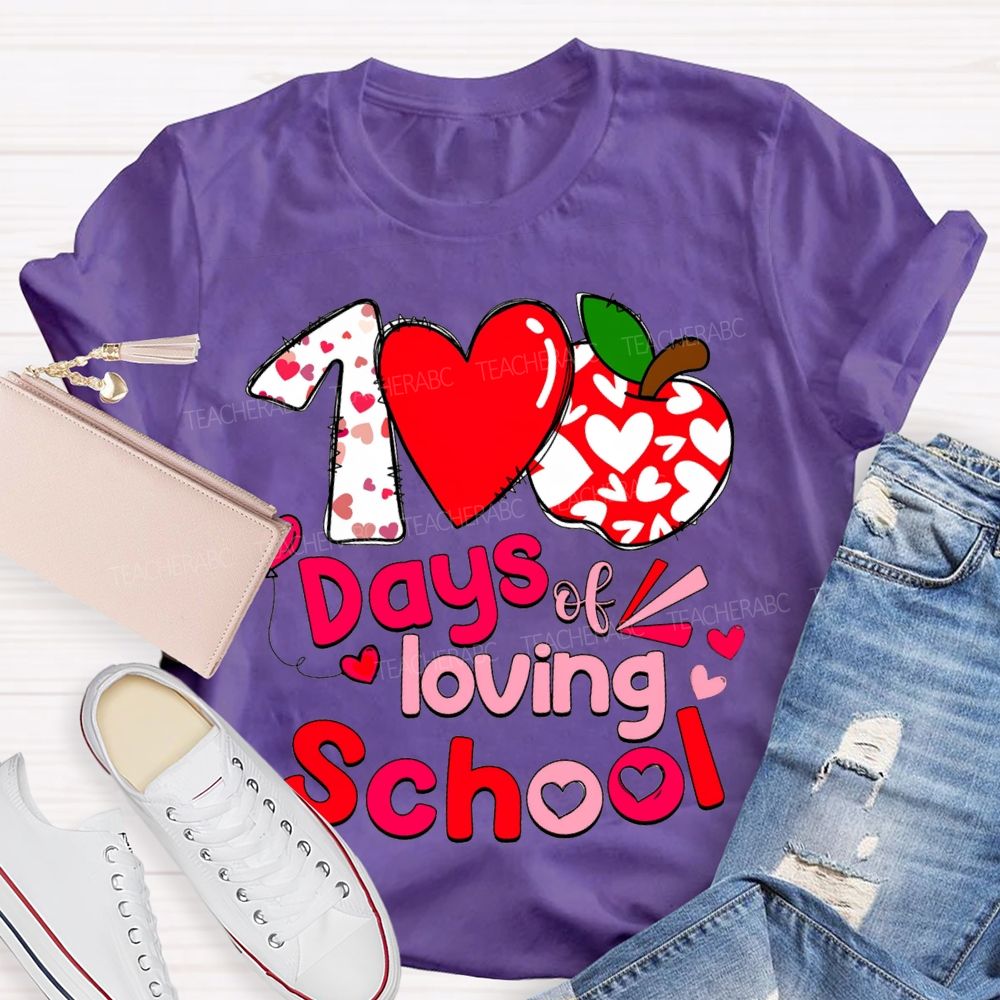 100 Days Of Loving School Heart And Apple Prints T-shirt
