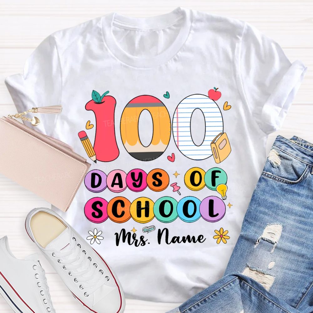 Personalized Name 100 Days Of School Colored Fonts T-shirt
