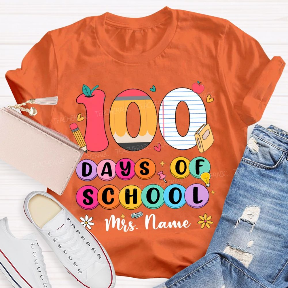 Personalized Name 100 Days Of School Colored Fonts T-shirt