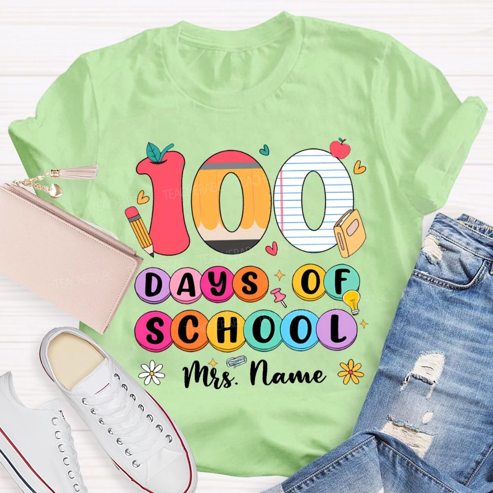 Personalized Name 100 Days Of School Colored Fonts T-shirt