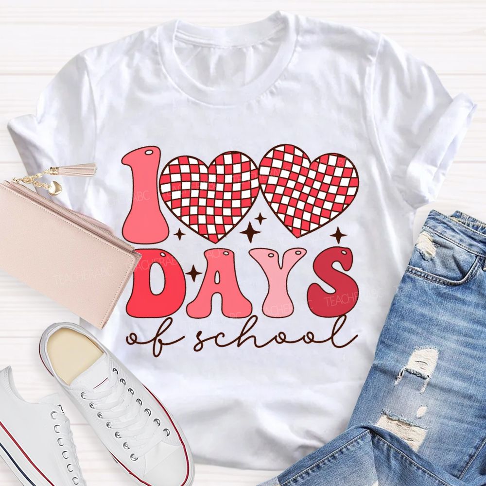 100 Days Of School Checkered Heart Print T-shirt