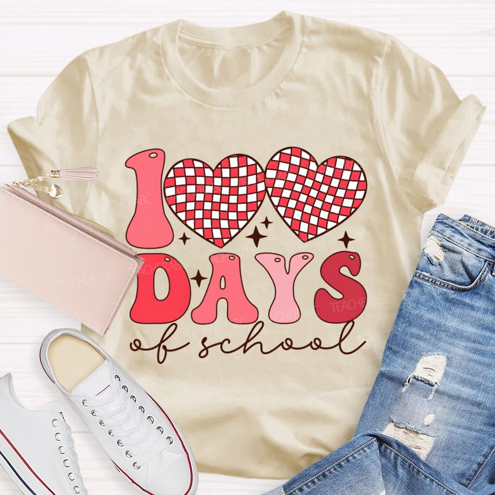 100 Days Of School Checkered Heart Print T-shirt