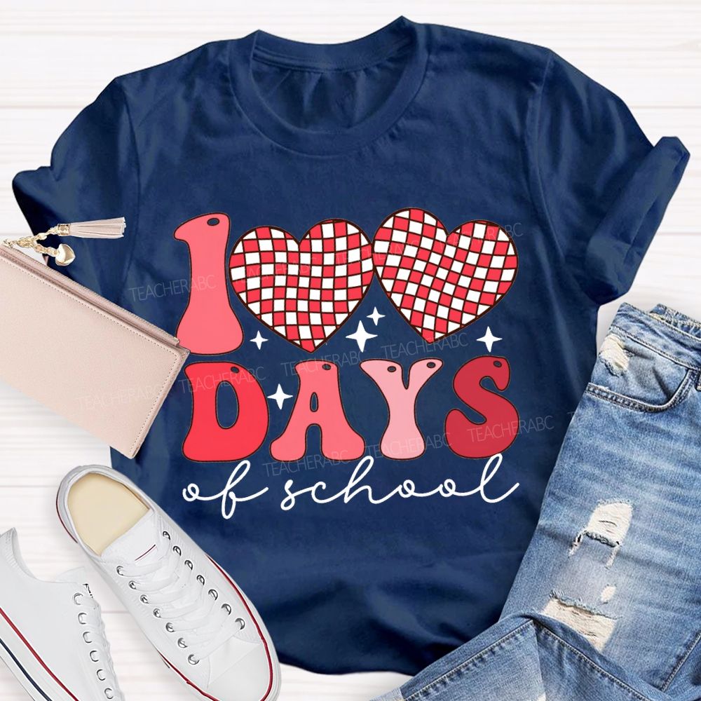 100 Days Of School Checkered Heart Print T-shirt