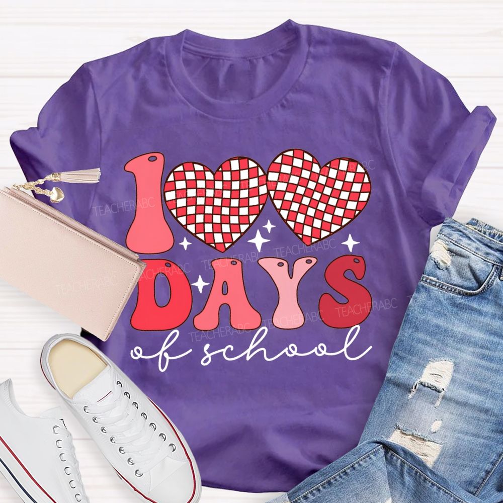 100 Days Of School Checkered Heart Print T-shirt