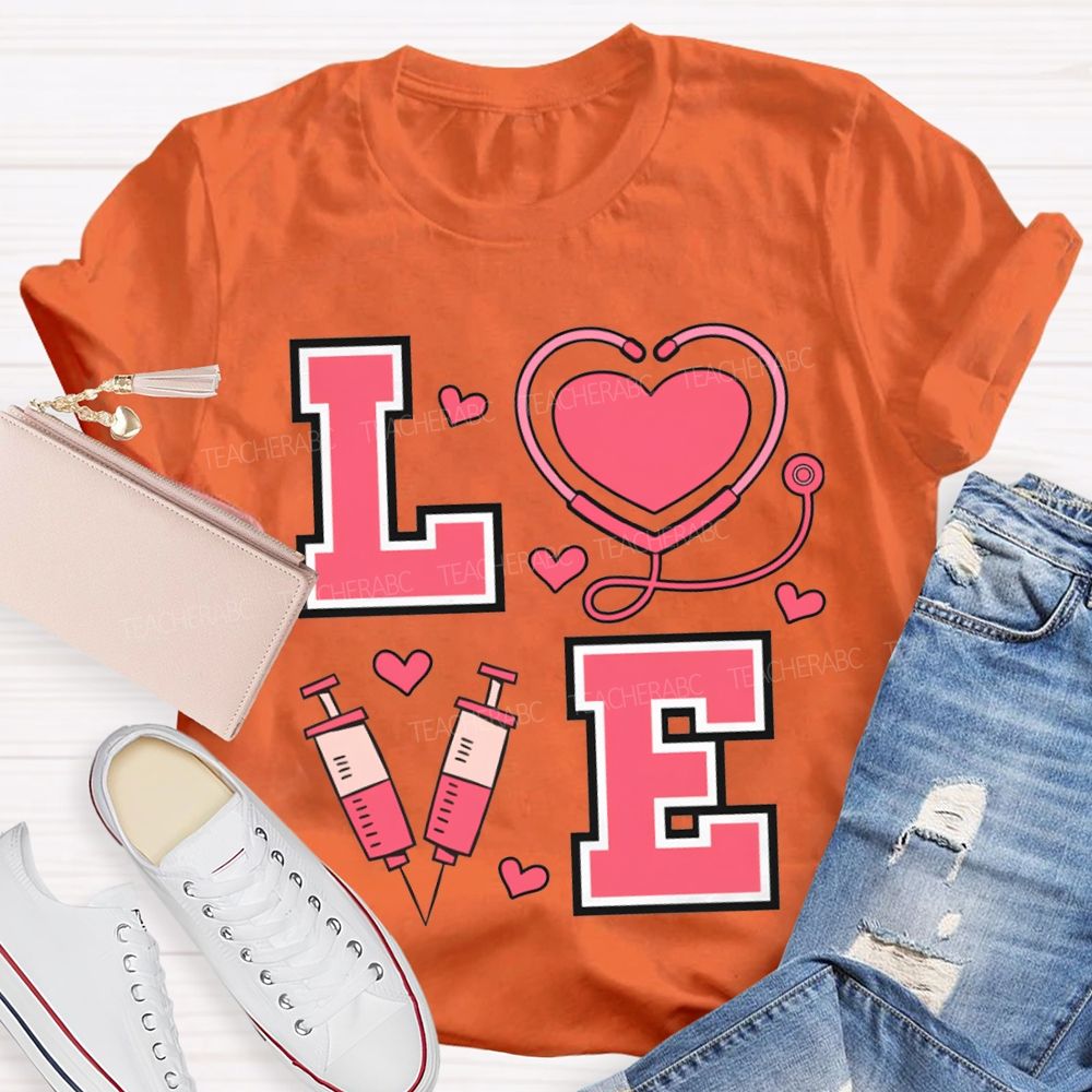 Love School Nurse Heart-Shaped Stethoscope T-shirt