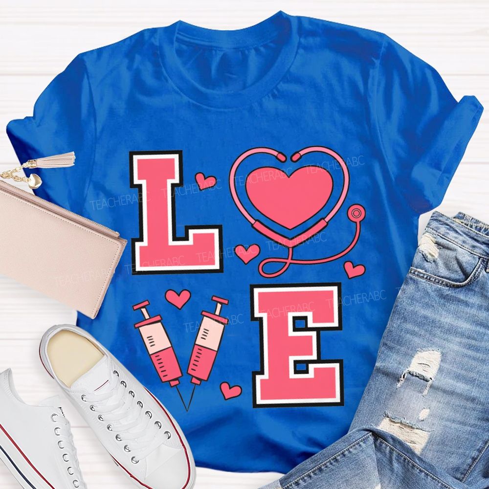 Love School Nurse Heart-Shaped Stethoscope T-shirt
