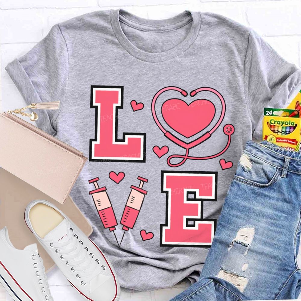 Love School Nurse Heart-Shaped Stethoscope T-shirt