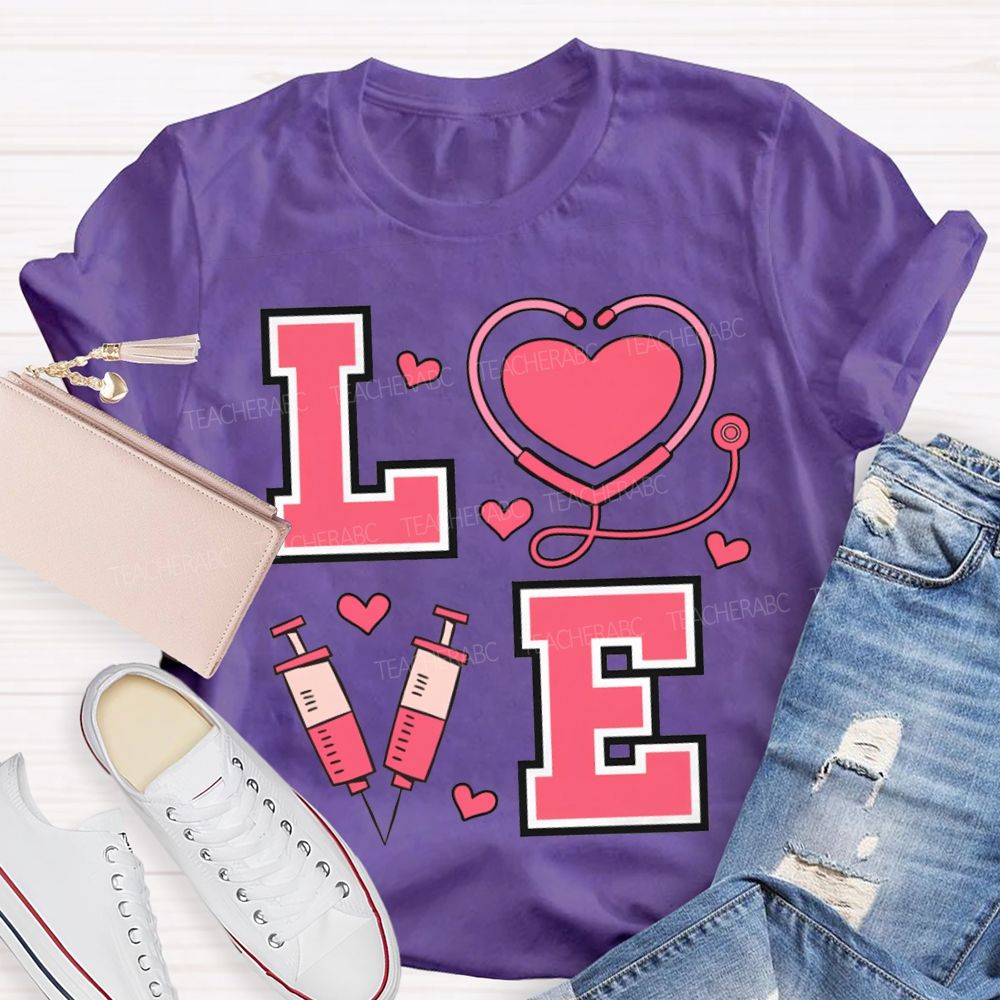 Love School Nurse Heart-Shaped Stethoscope T-shirt
