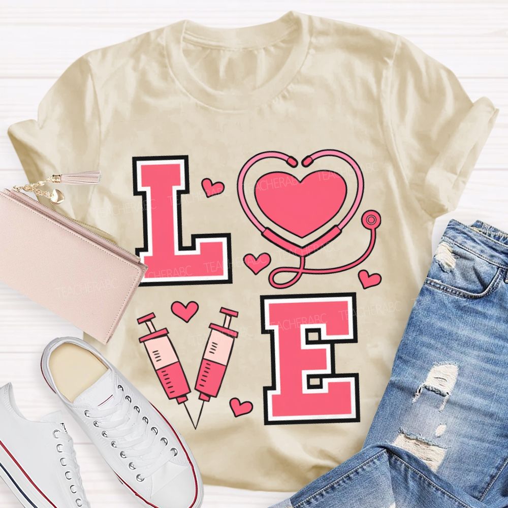 Love School Nurse Heart-Shaped Stethoscope T-shirt