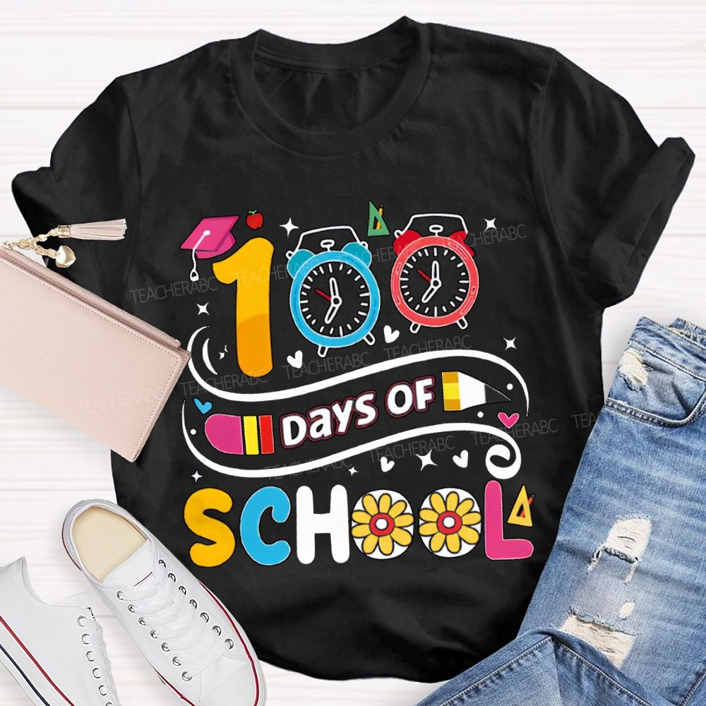 100 Days Of School Alarm Clock And Pencil Print T-shirt