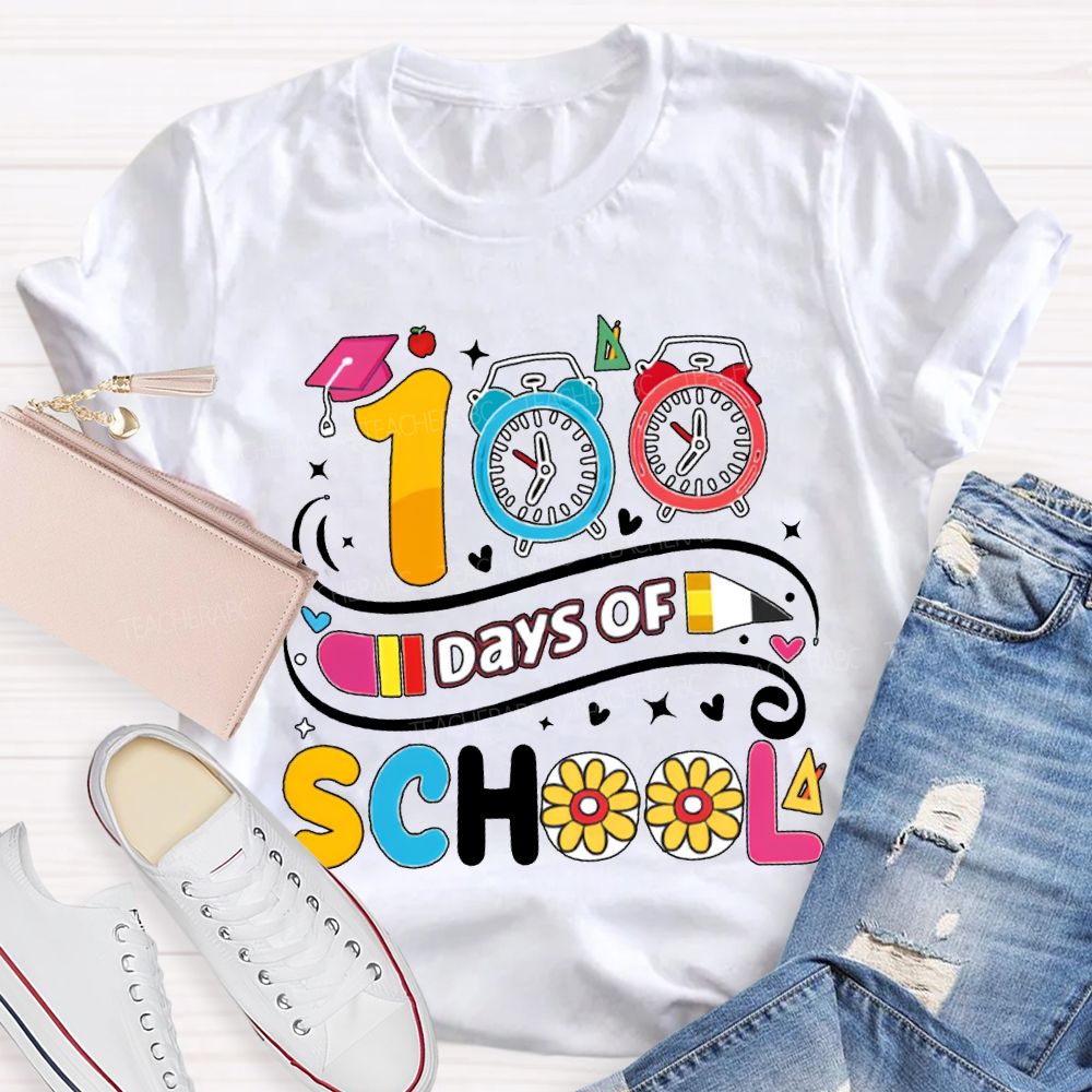 100 Days Of School Alarm Clock And Pencil Print T-shirt
