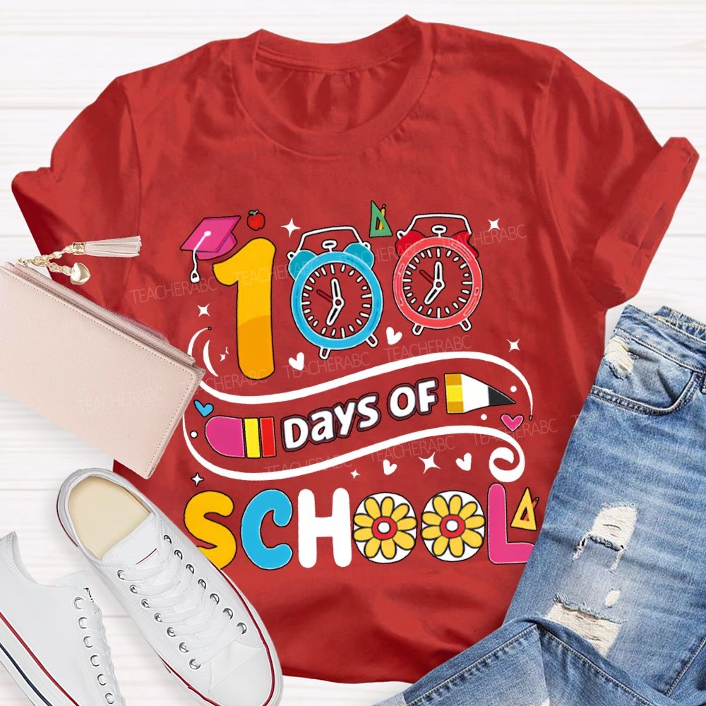 100 Days Of School Alarm Clock And Pencil Print T-shirt