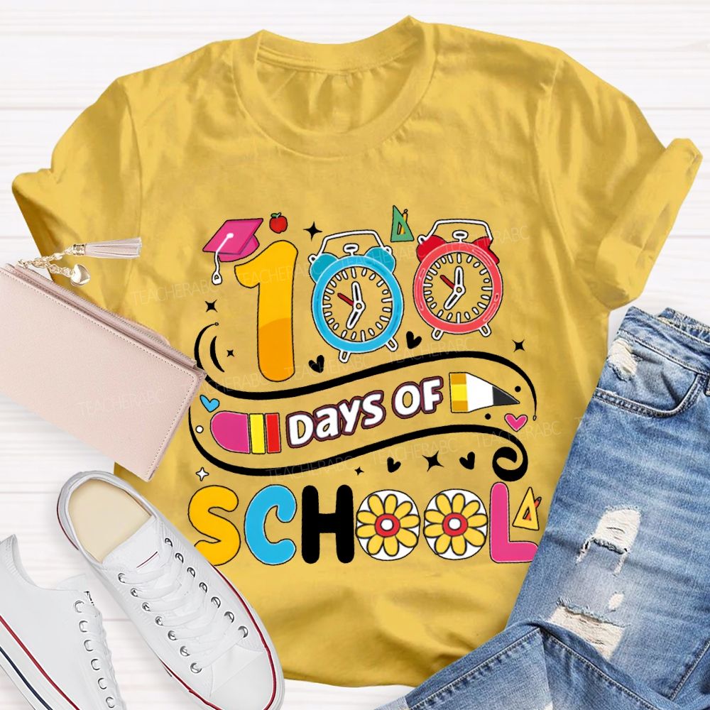 100 Days Of School Alarm Clock And Pencil Print T-shirt