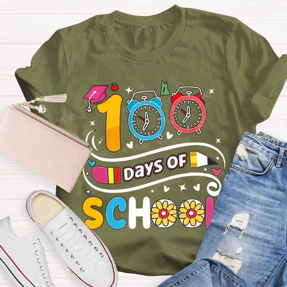 100 Days Of School Alarm Clock And Pencil Print T-shirt