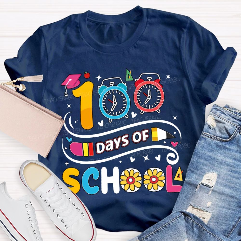 100 Days Of School Alarm Clock And Pencil Print T-shirt
