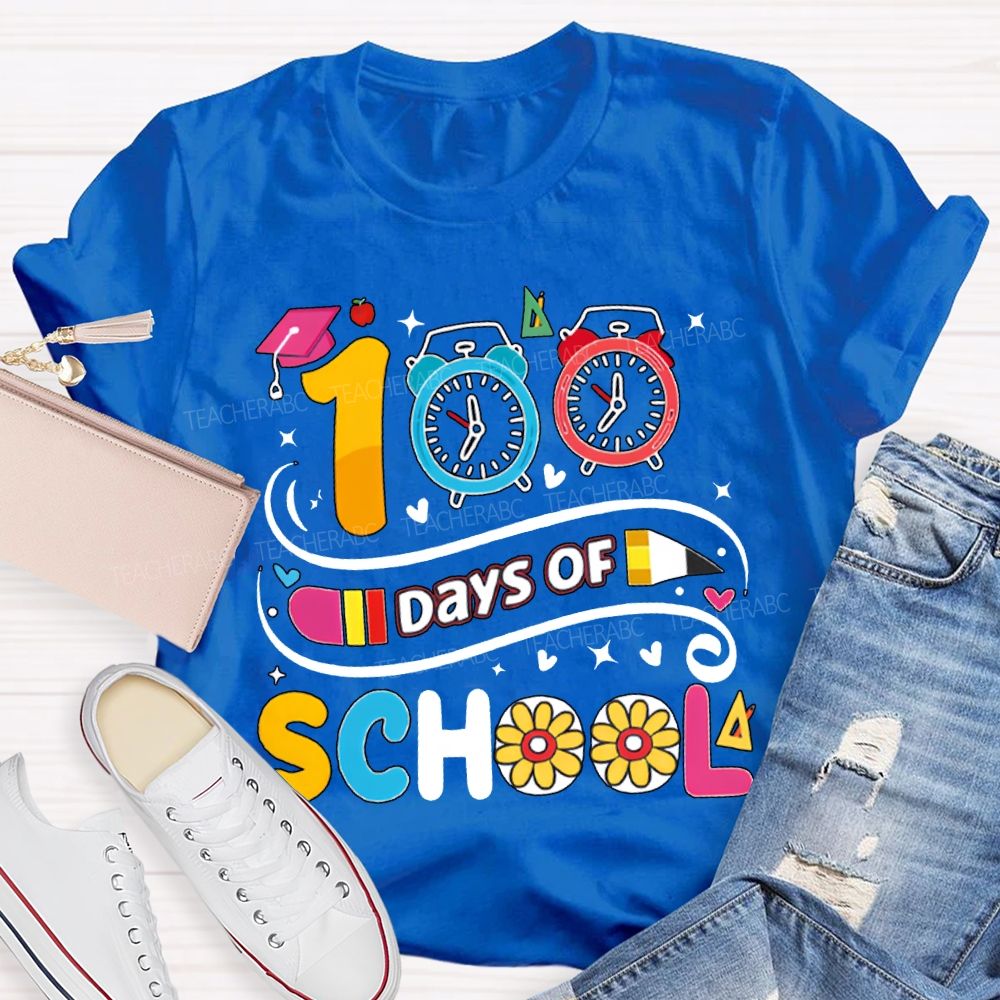 100 Days Of School Alarm Clock And Pencil Print T-shirt