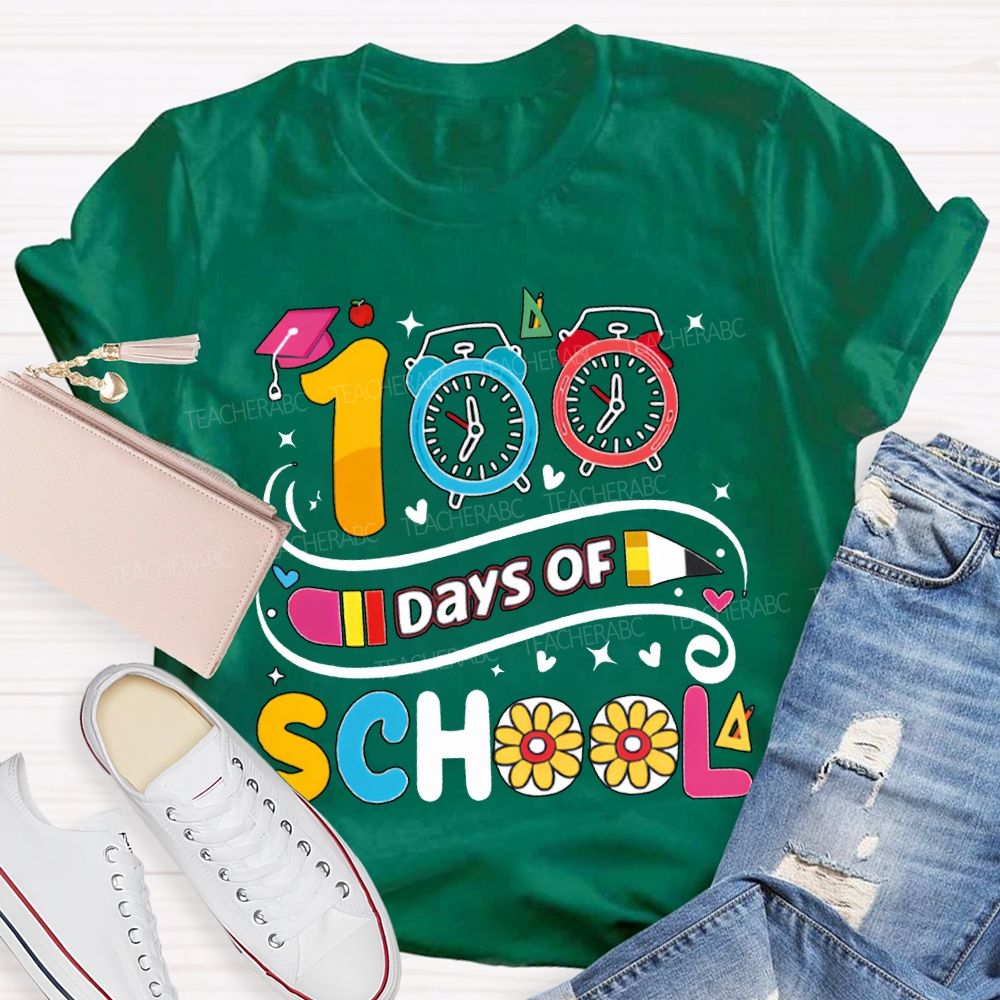 100 Days Of School Alarm Clock And Pencil Print T-shirt