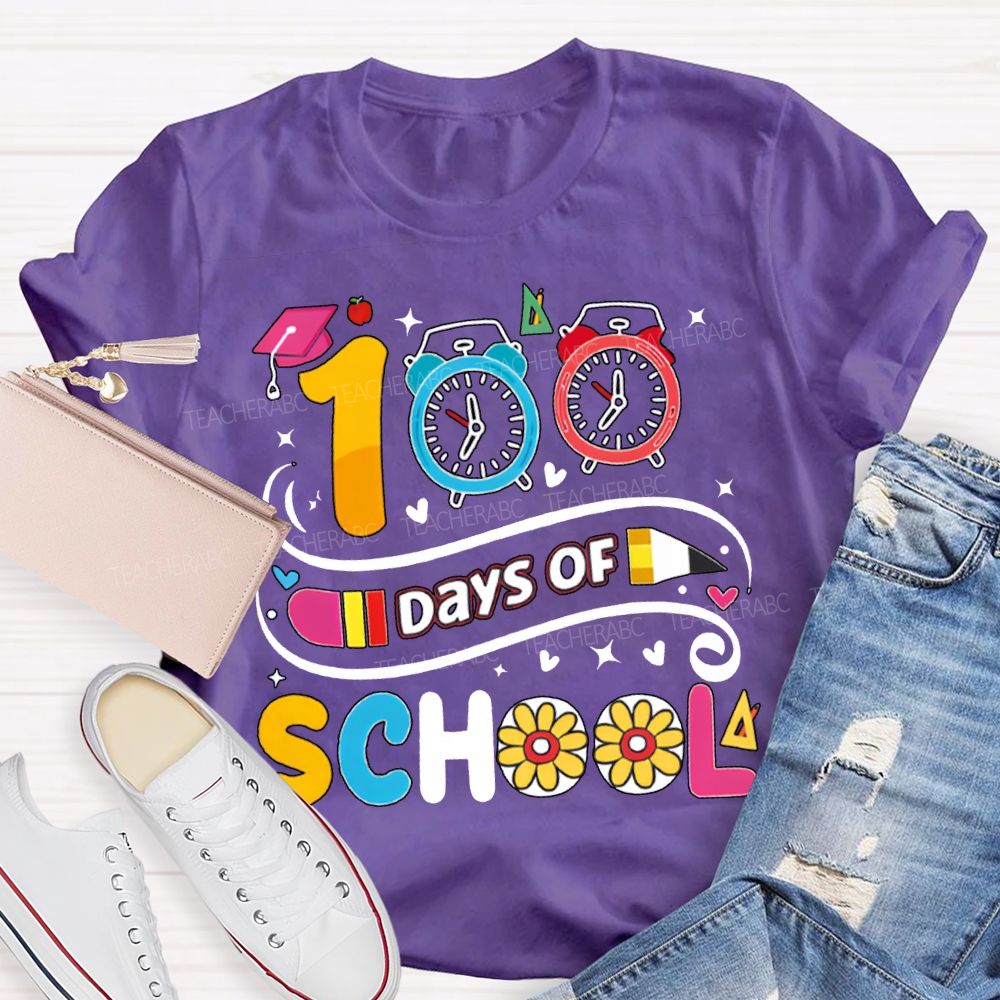 100 Days Of School Alarm Clock And Pencil Print T-shirt