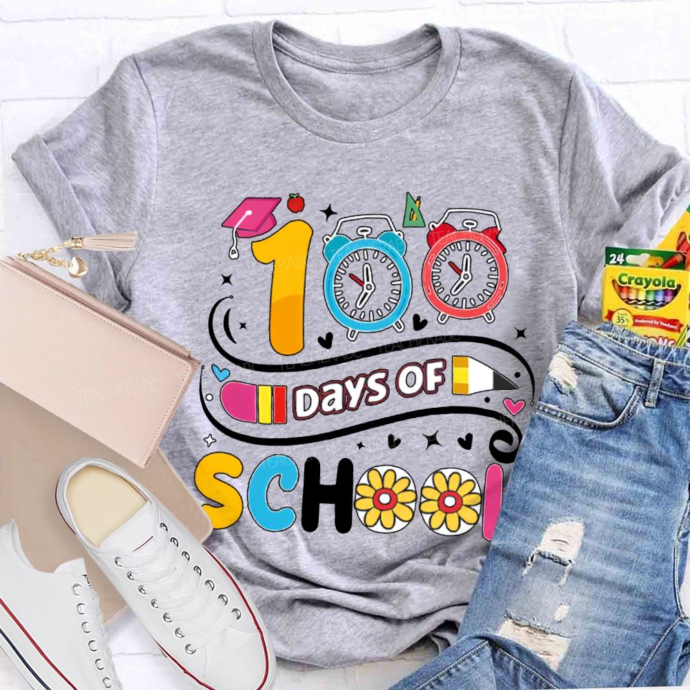 100 Days Of School Alarm Clock And Pencil Print T-shirt