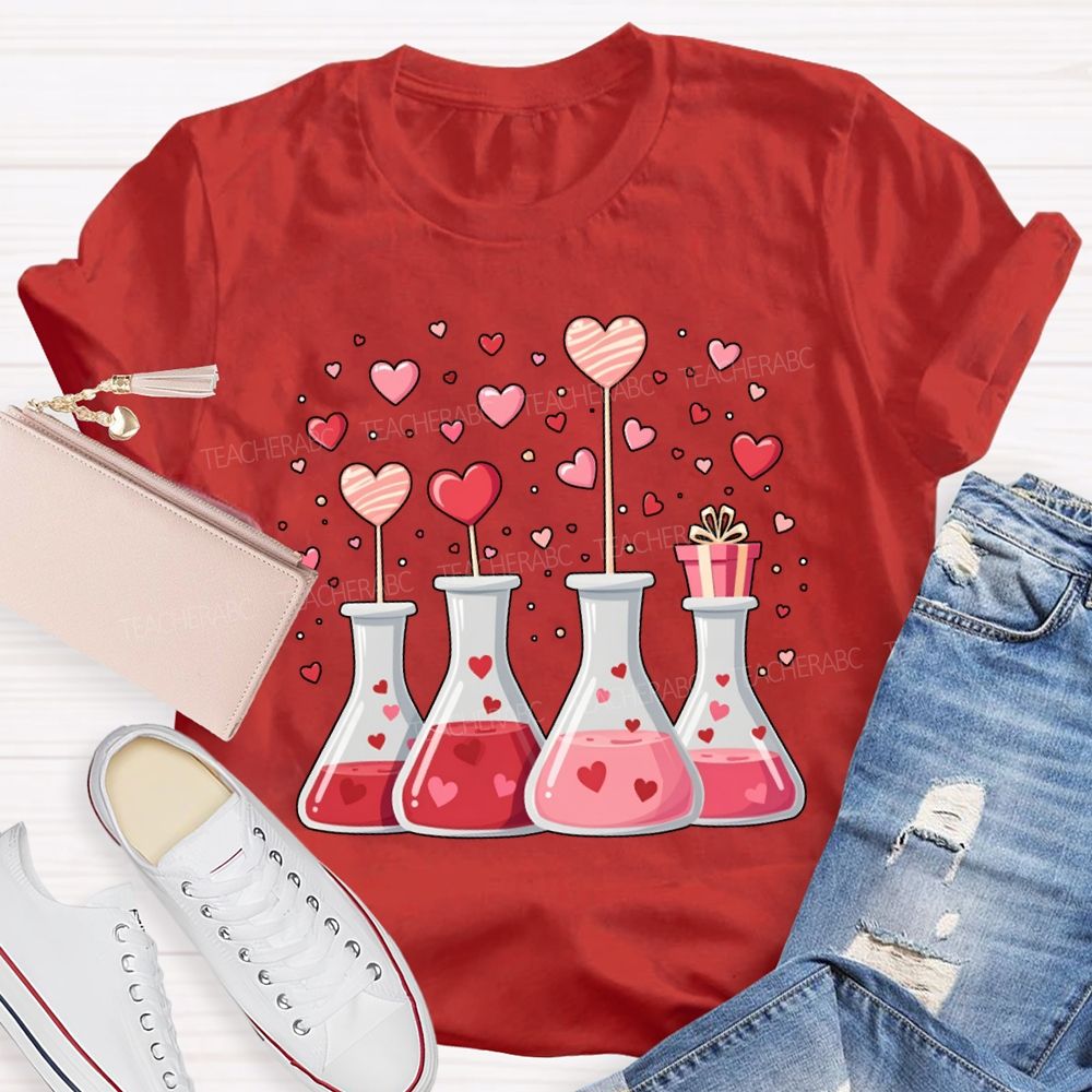 Pink Hearts And Experimental Beakers Science Teacher T-shirt