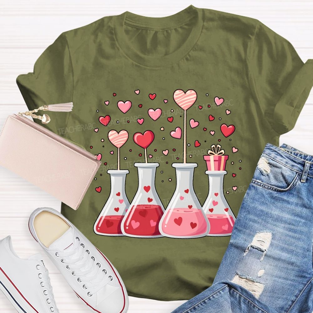 Pink Hearts And Experimental Beakers Science Teacher T-shirt