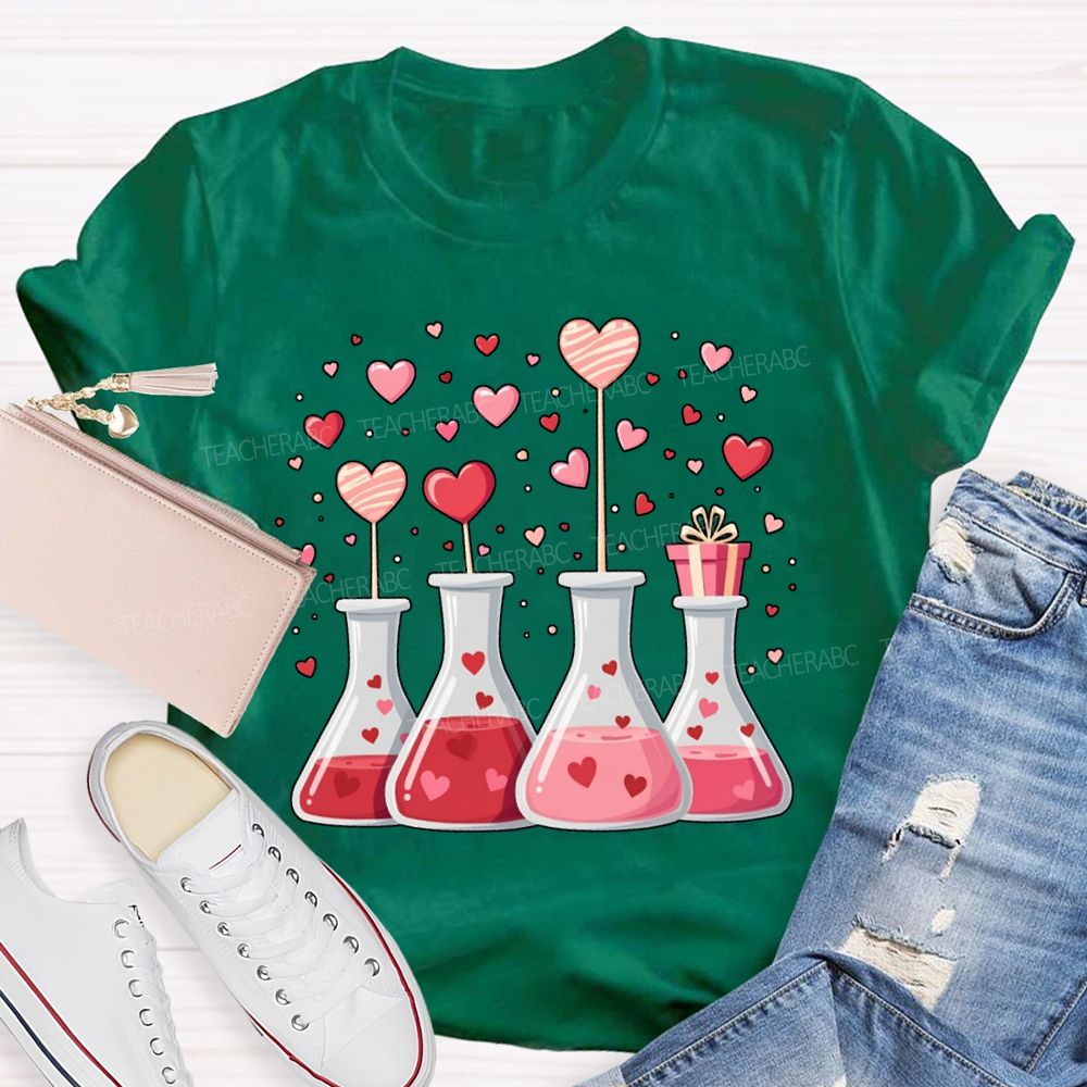 Pink Hearts And Experimental Beakers Science Teacher T-shirt