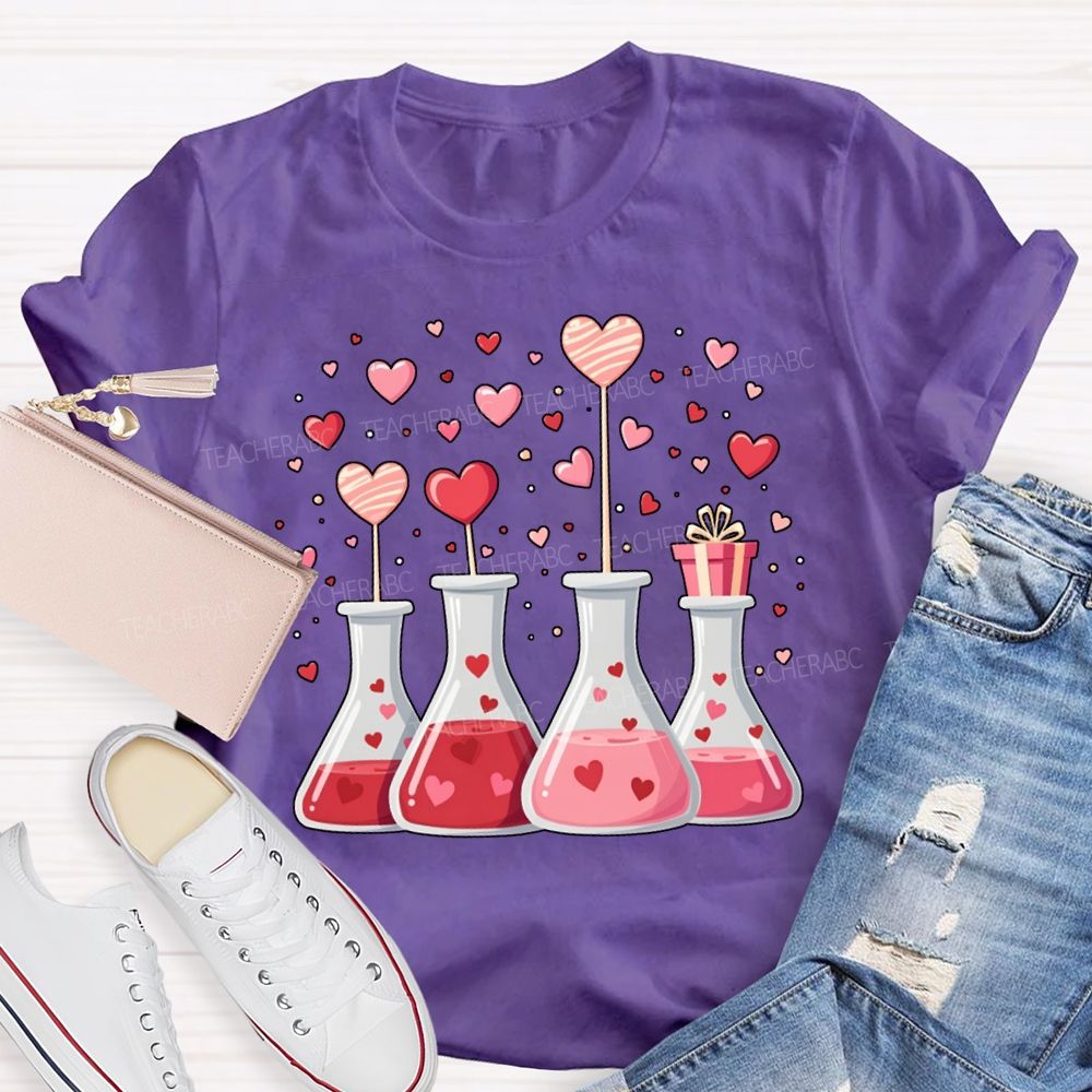 Pink Hearts And Experimental Beakers Science Teacher T-shirt