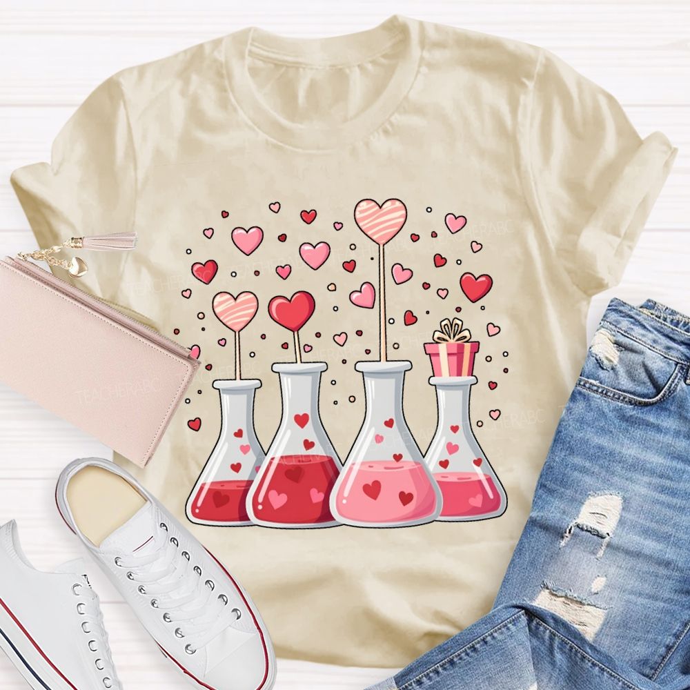 Pink Hearts And Experimental Beakers Science Teacher T-shirt