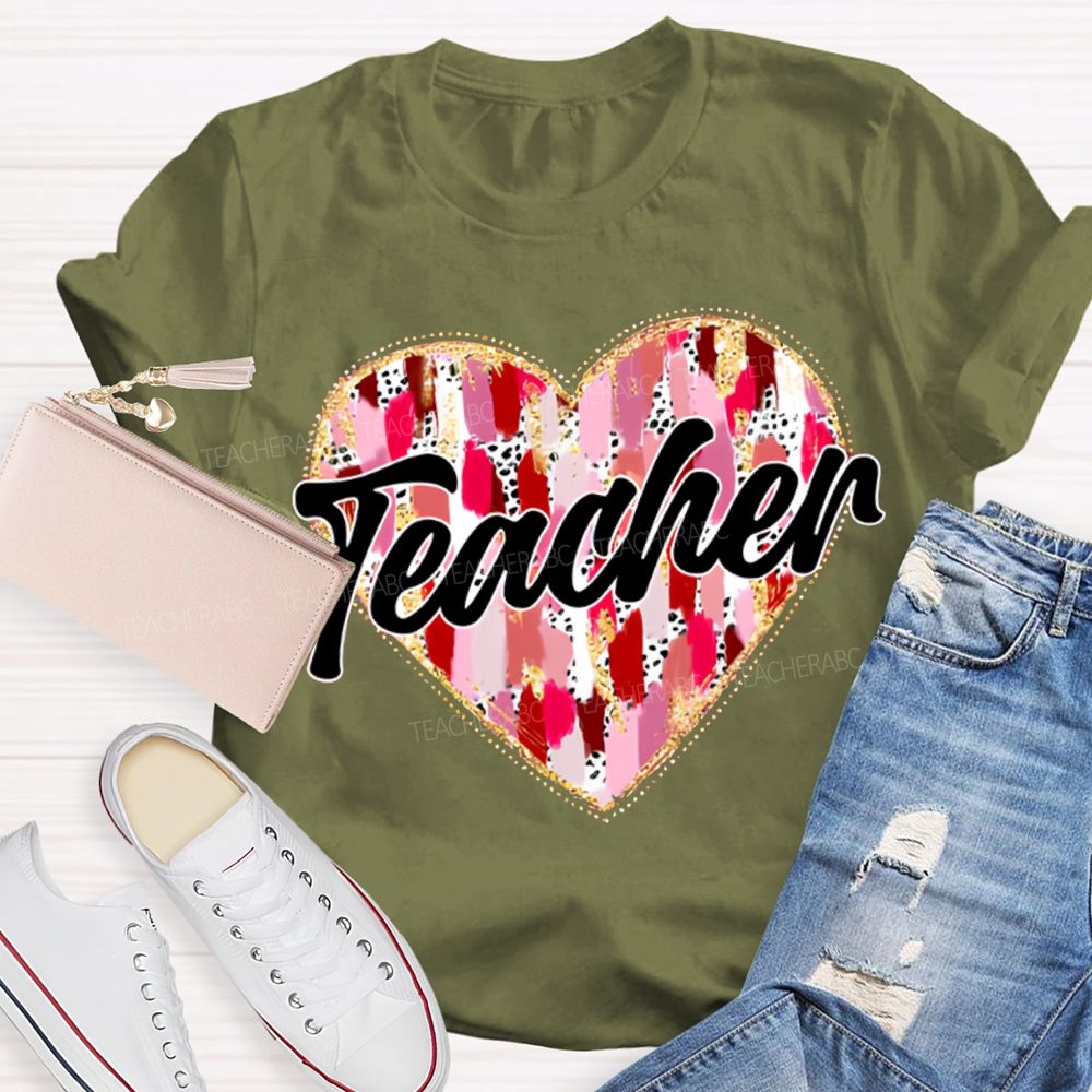 Colorful Tie-Dye Heart Print Teacher T-shirt