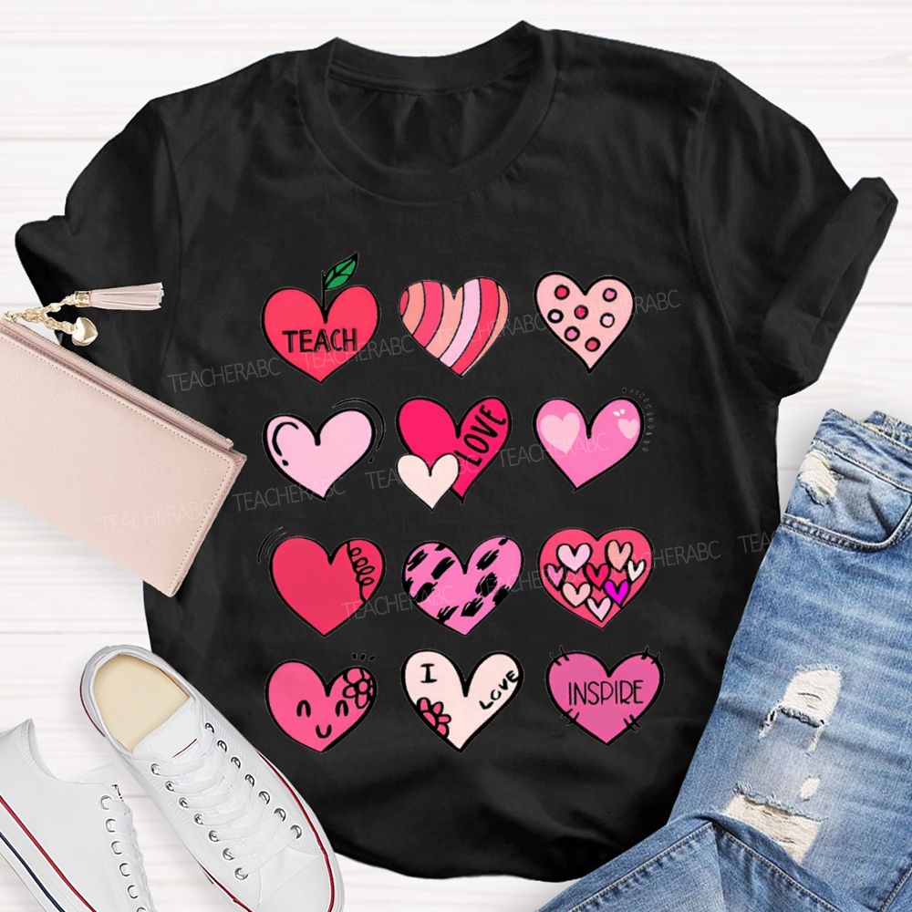Teach Love Inspire Colorful Heart Print T-shirt