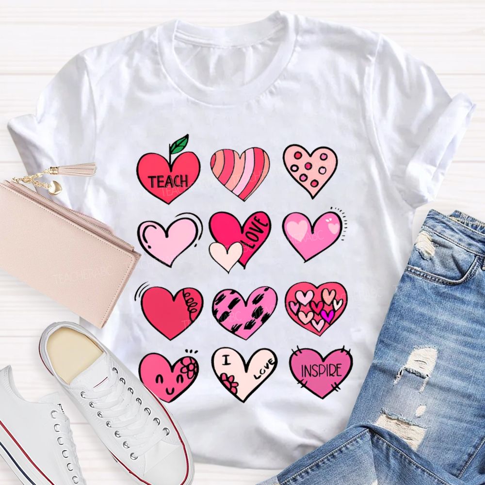 Teach Love Inspire Colorful Heart Print T-shirt