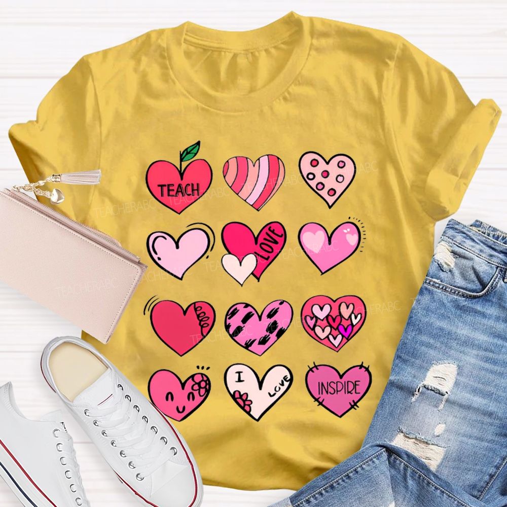 Teach Love Inspire Colorful Heart Print T-shirt