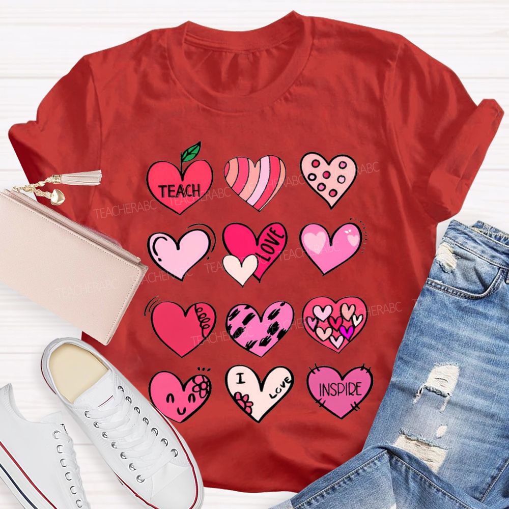 Teach Love Inspire Colorful Heart Print T-shirt