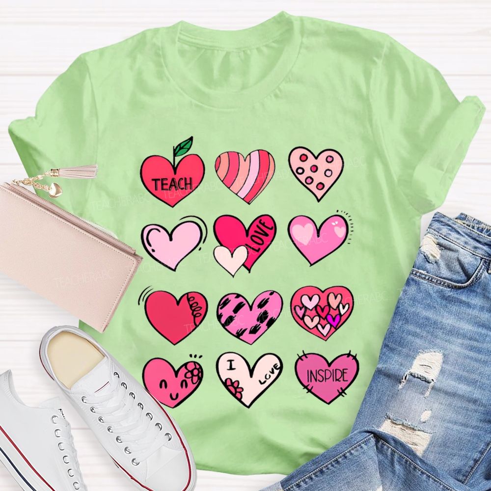 Teach Love Inspire Colorful Heart Print T-shirt