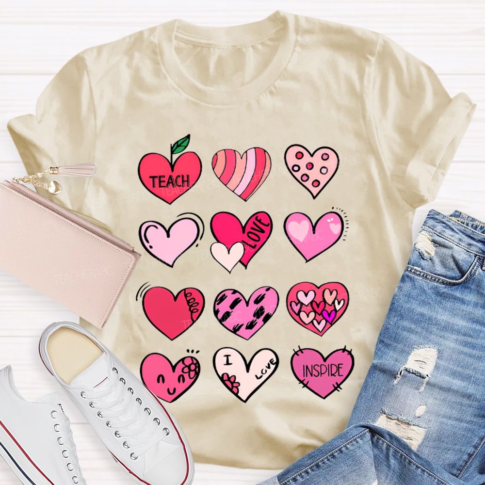 Teach Love Inspire Colorful Heart Print T-shirt