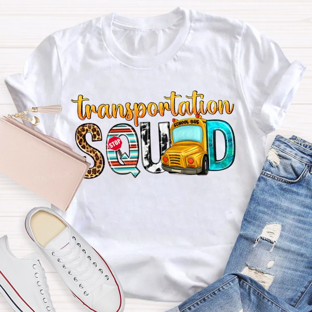 Transportation Squad Leopard Print Lettering And School Bus T-shirt