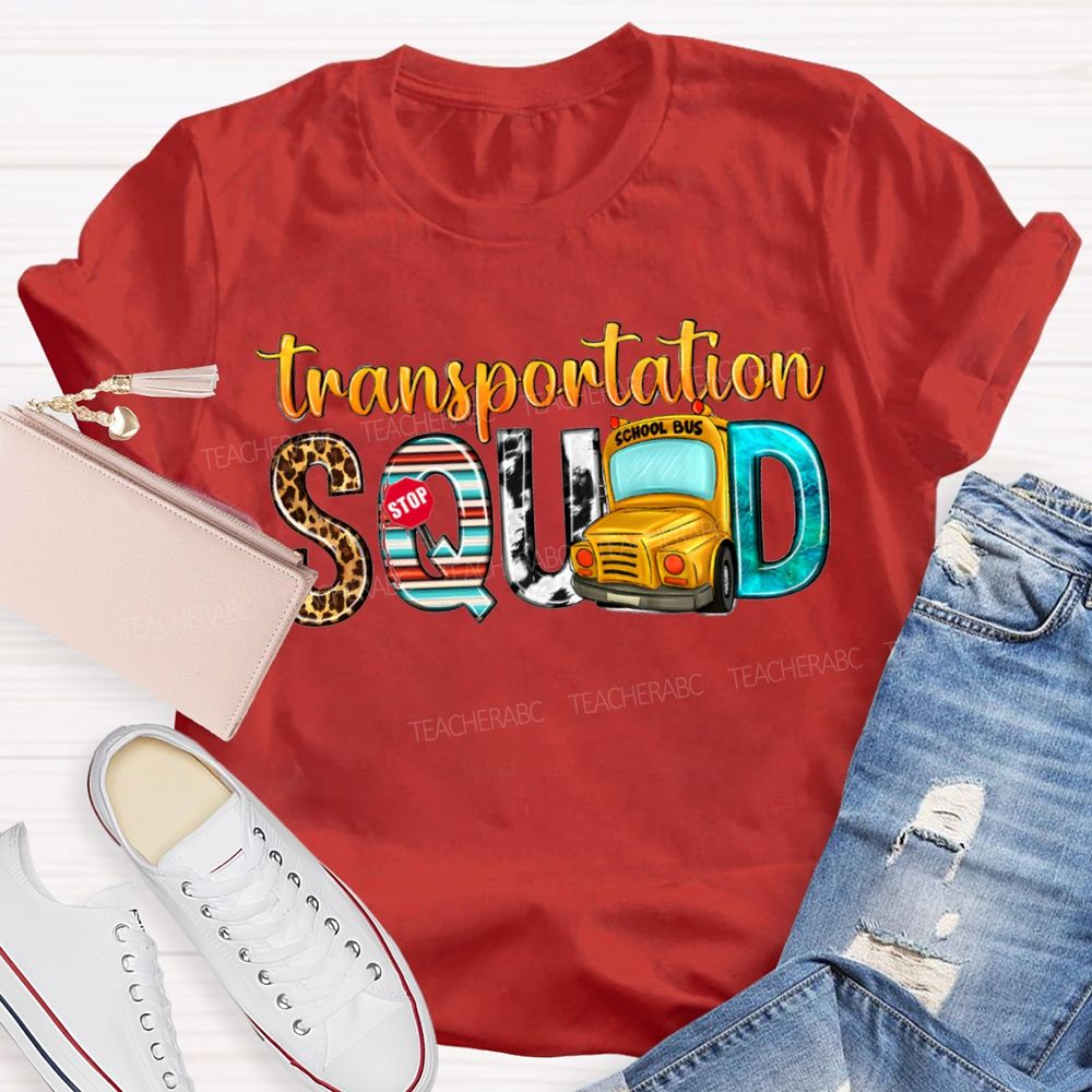 Transportation Squad Leopard Print Lettering And School Bus T-shirt