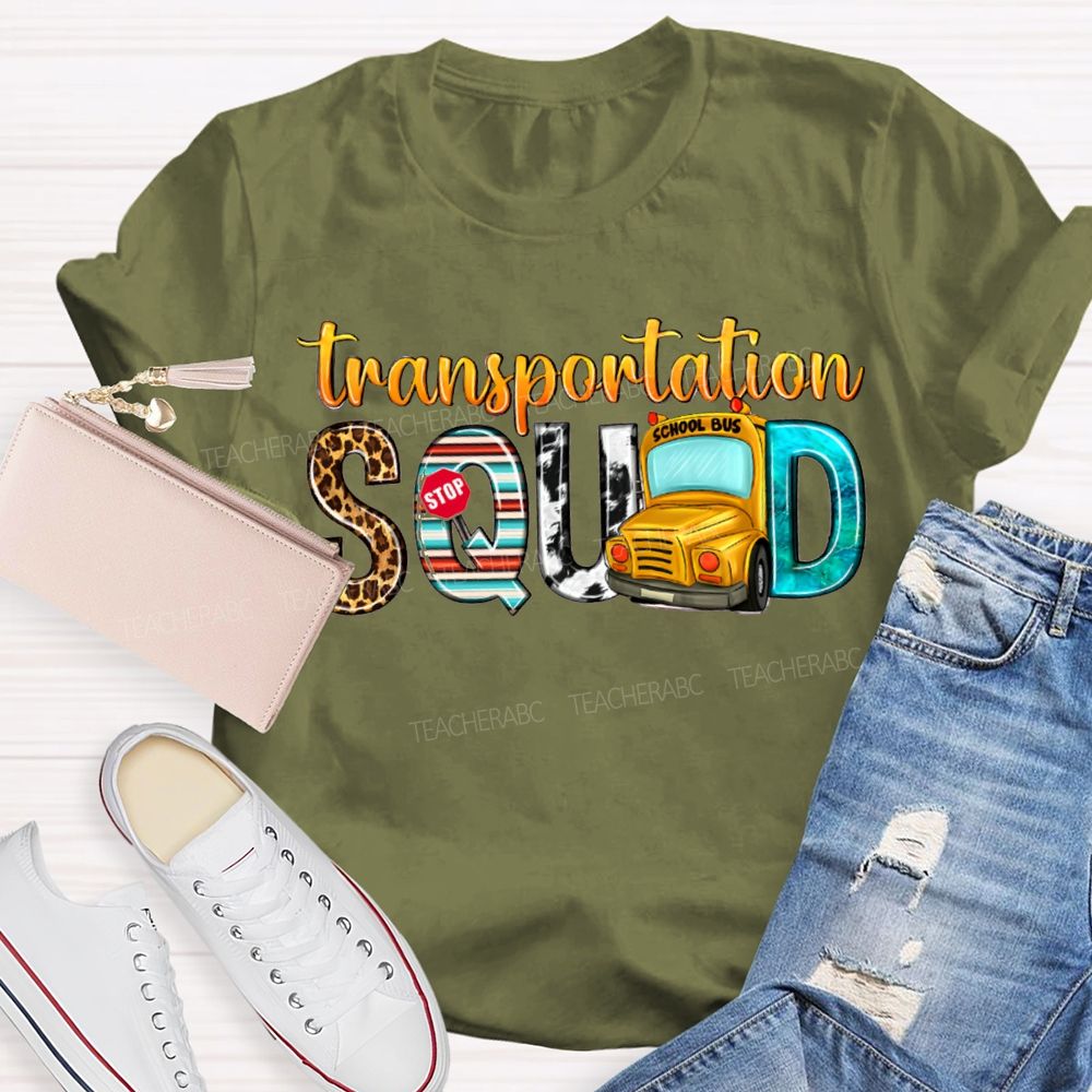 Transportation Squad Leopard Print Lettering And School Bus T-shirt