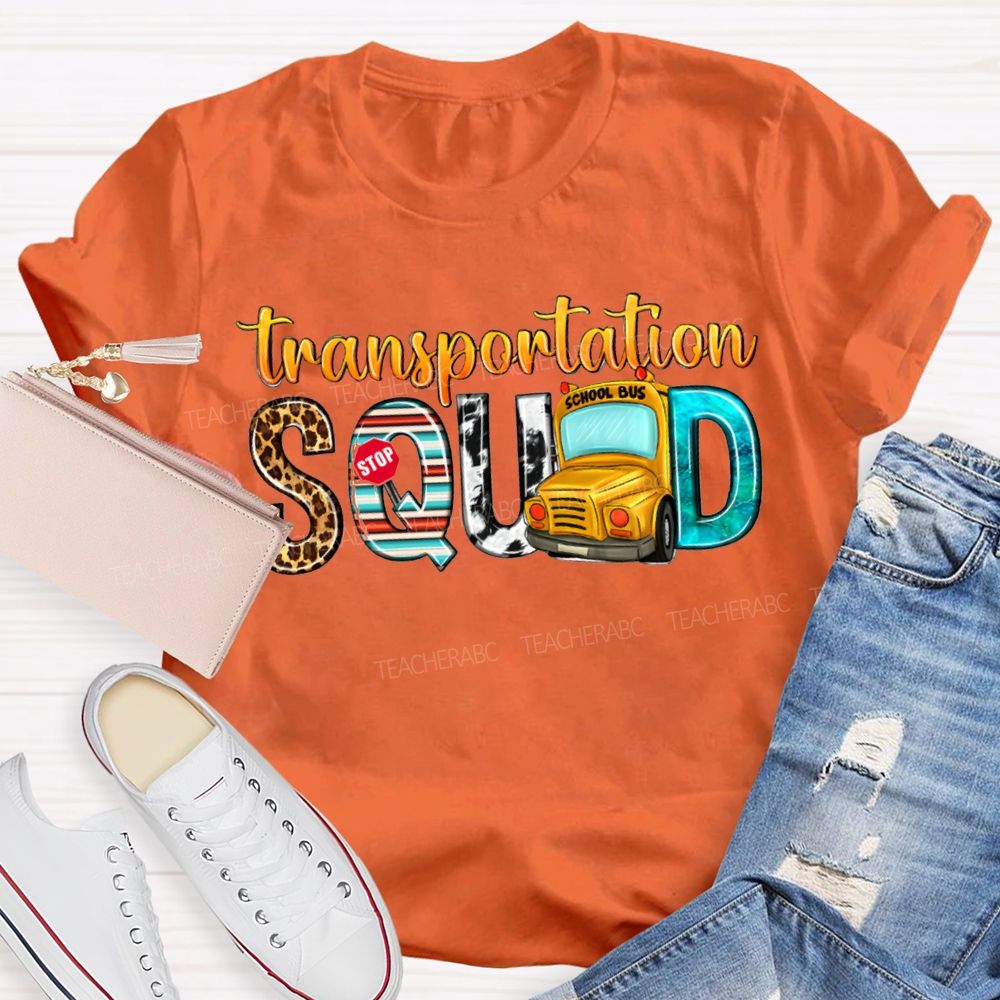 Transportation Squad Leopard Print Lettering And School Bus T-shirt
