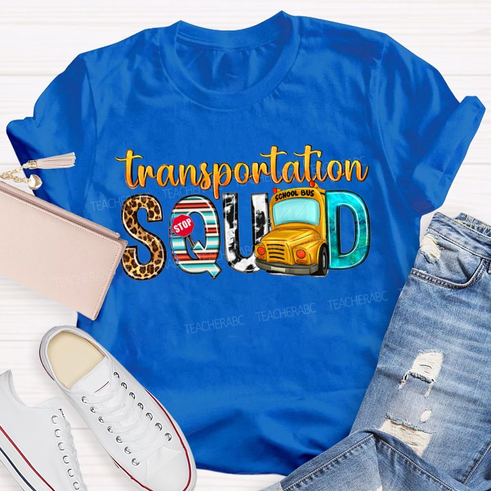 Transportation Squad Leopard Print Lettering And School Bus T-shirt