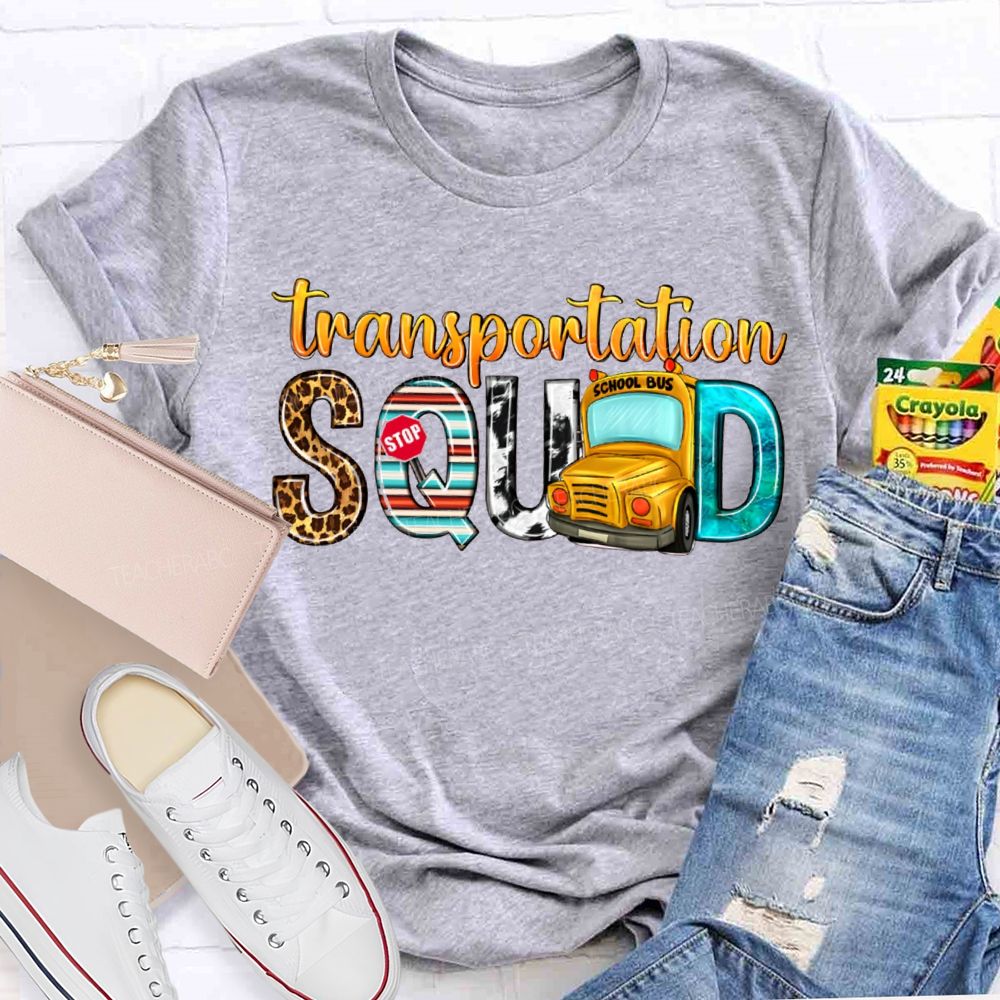 Transportation Squad Leopard Print Lettering And School Bus T-shirt