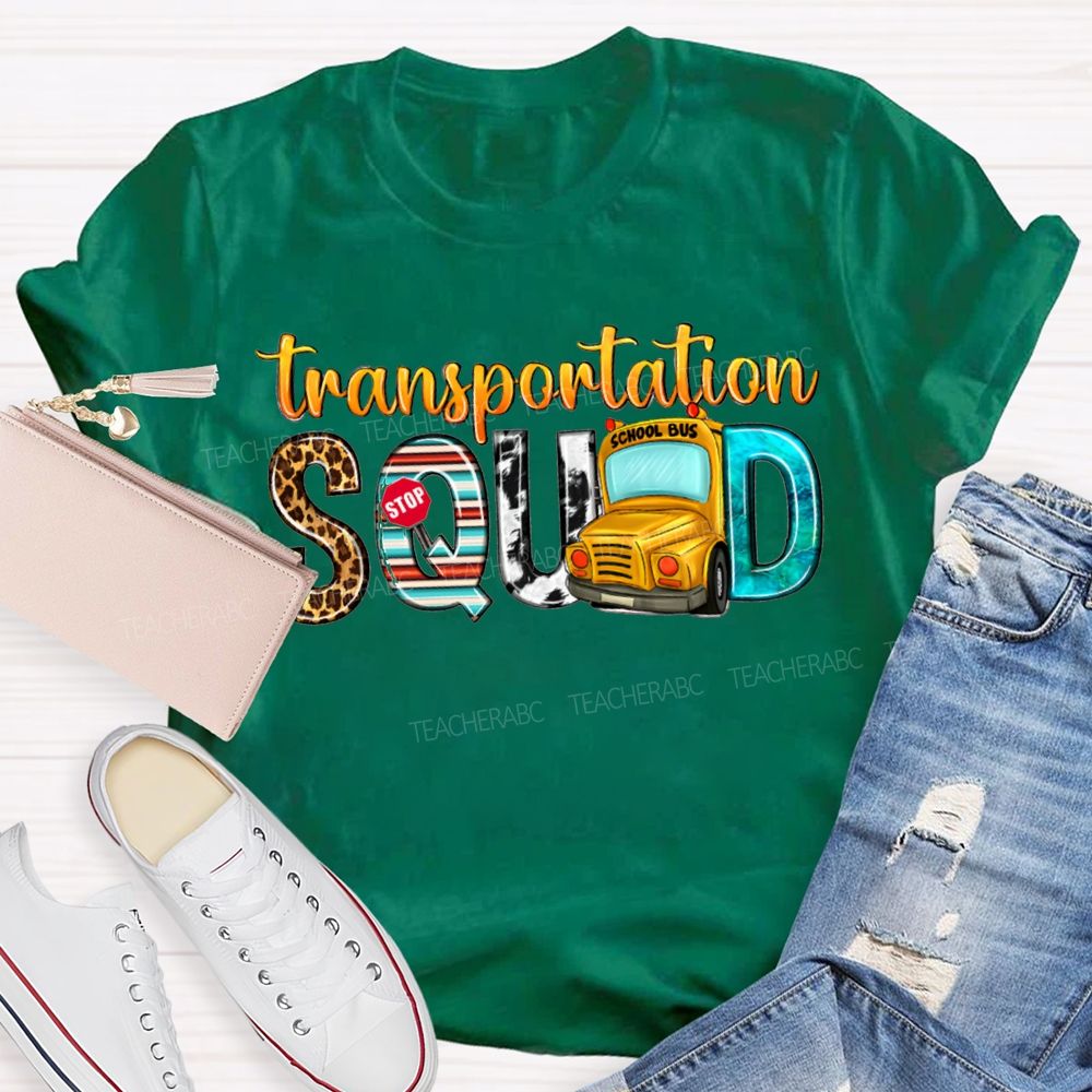 Transportation Squad Leopard Print Lettering And School Bus T-shirt