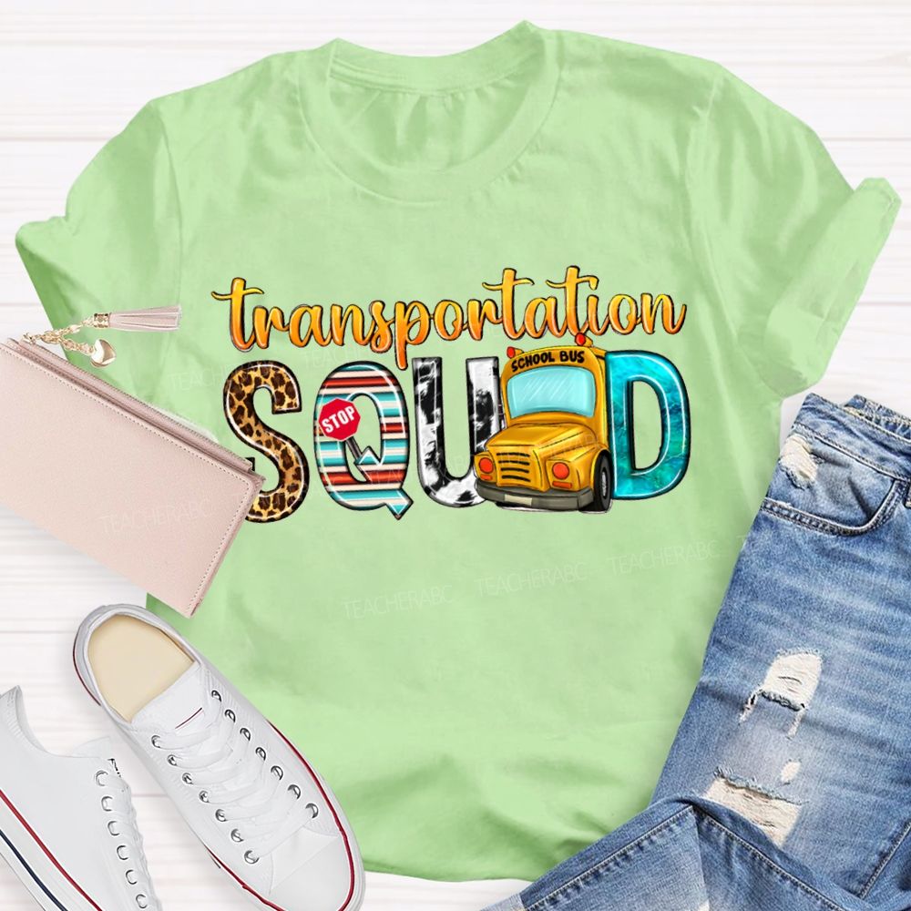 Transportation Squad Leopard Print Lettering And School Bus T-shirt