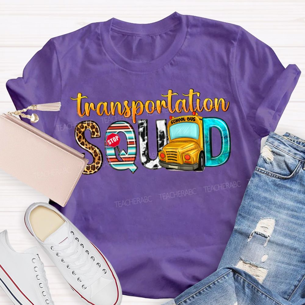 Transportation Squad Leopard Print Lettering And School Bus T-shirt