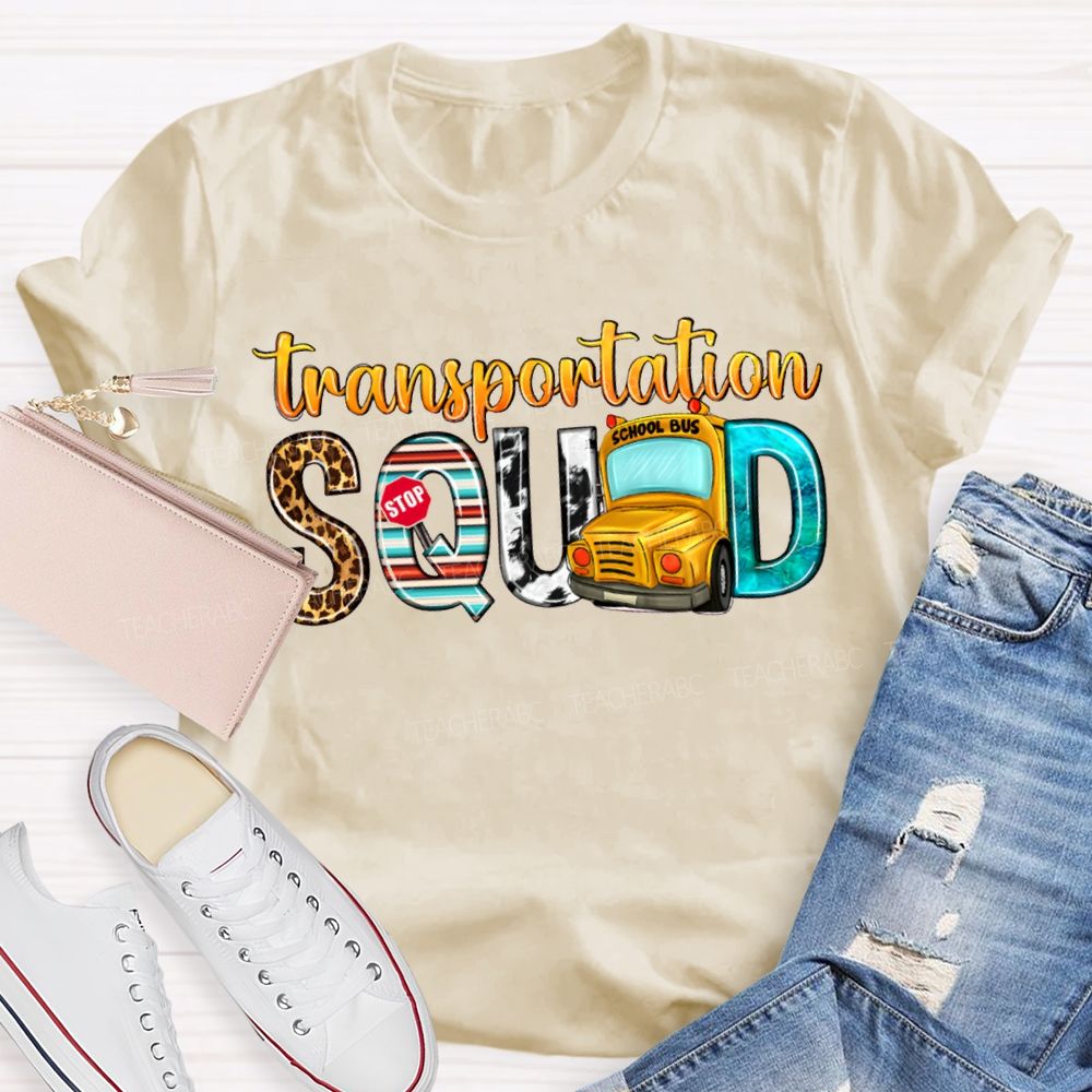 Transportation Squad Leopard Print Lettering And School Bus T-shirt